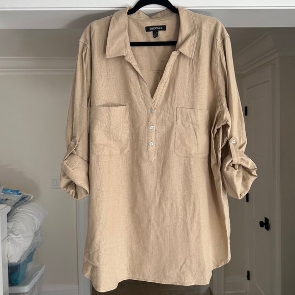 ELLEN TRACEY Beige Linen Blend Blouse / Top - Roll Sleeves, Placket Front - XXL - Picture 5 of 16